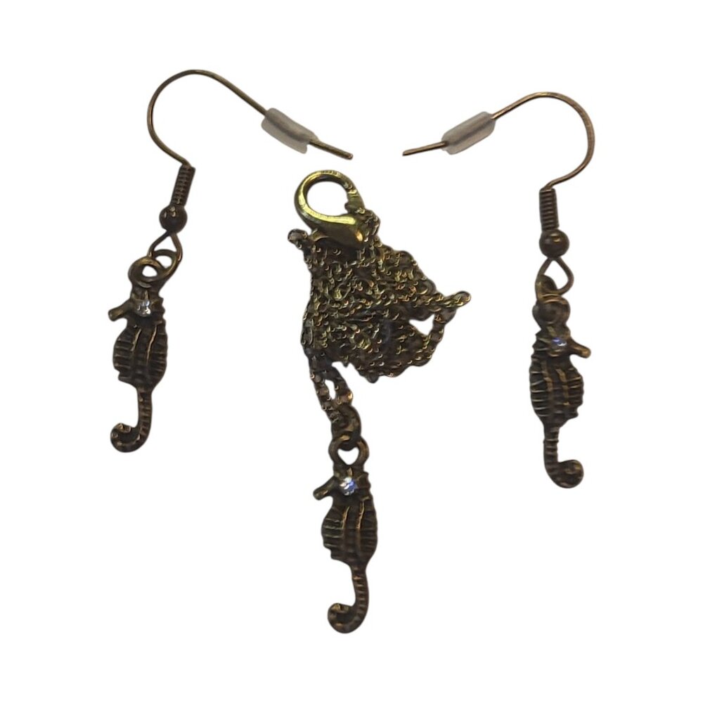 Handmade/Homemade Antique Brass Seahorse Necklace Earring Set White Rhinestone